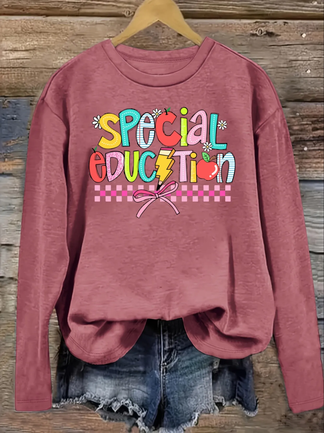 Women's Casual Long Sleeve Crew Neck T-Shirt Special Education Rainbow Apple Bow Design, Round Neck Women's Clothing, Machine Washable, Slightly Elastic, Loose Fit, Spring Autumn Winter Women's T-Shirt, Halloween Costume Outfit view 3