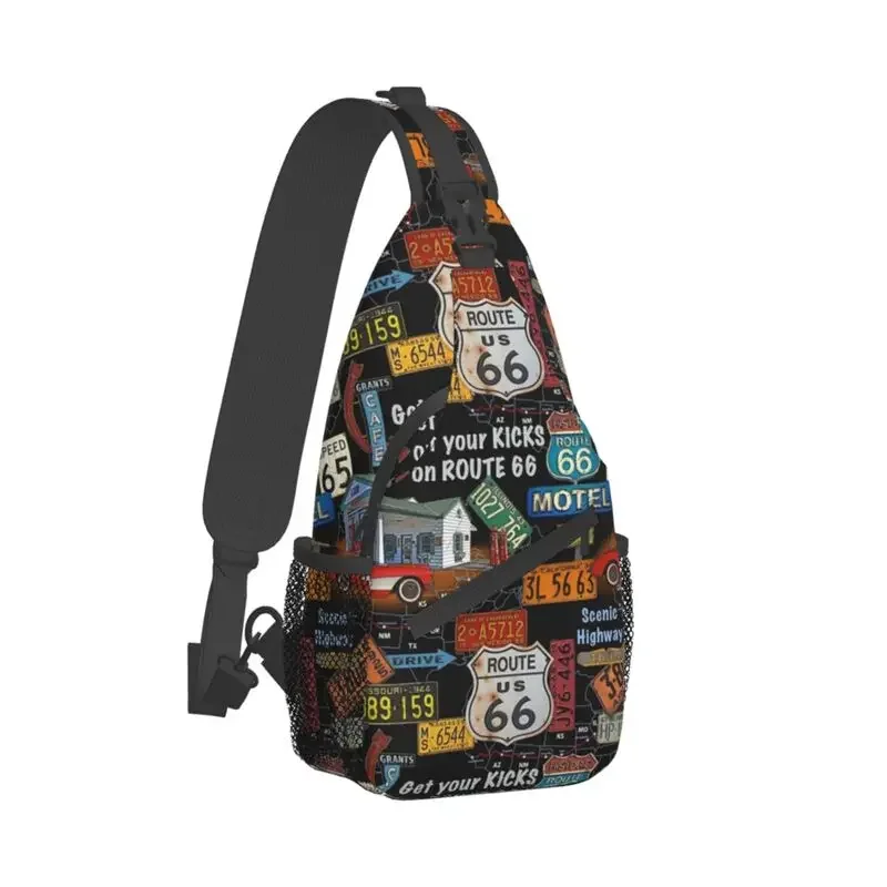 Casual Route 66 USA Map Sling Crossbody Backpack Men Shoulder Chest Bags for Camping Biking