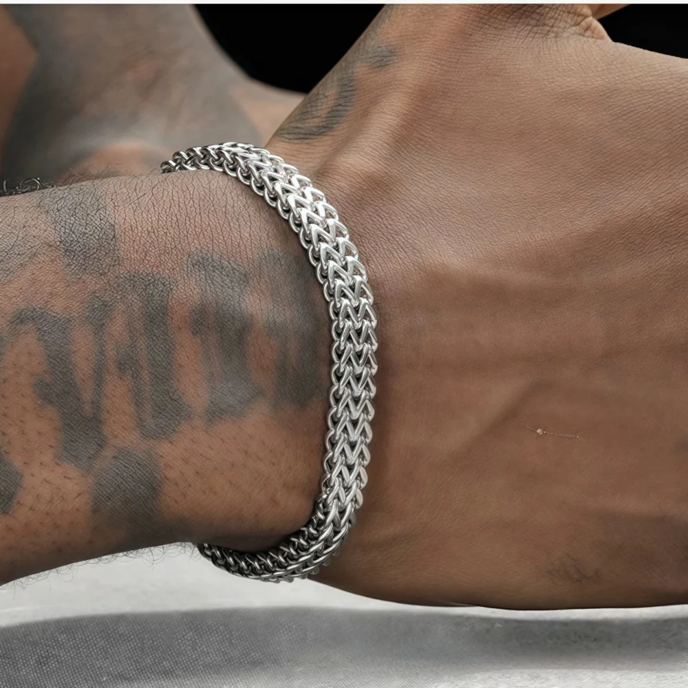 8mm Edelstahl Geflochtenes Doppelreihiges Vorder- und Rückseiten-Fischschuppen-Armband, Einfaches, Nicht Verblassendes Herren-Armband, Hip-Hop-Schmuck – Detail 2