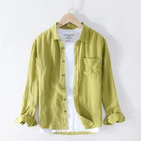 Camisas de lino puro para hombre, Tops clásicos básicos informales de manga larga con cuello vuelto, ropa Retro de Color sólido a la moda para hombre