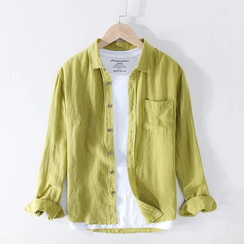 Imagen 1 del producto Camisas de lino puro para hombre, Tops clásicos básicos informales de manga larga con cuello vuelto, ropa Retro de Color sólido a la moda para hombre