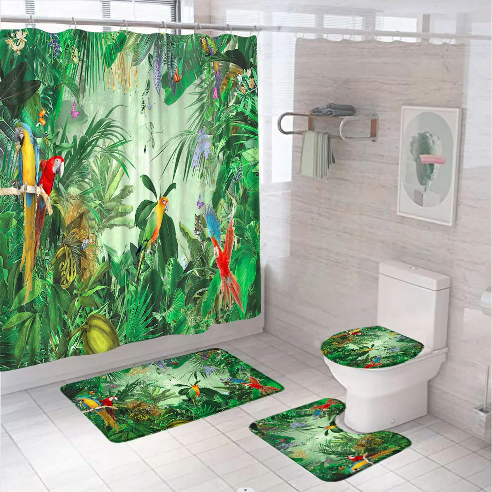 4PCS Tropical Parrots Shower Curtain Set Green Jungle Leaves Colorful Bird Butterfly Bathroom Decor Non-Slip Toilet Rug Bath Mat