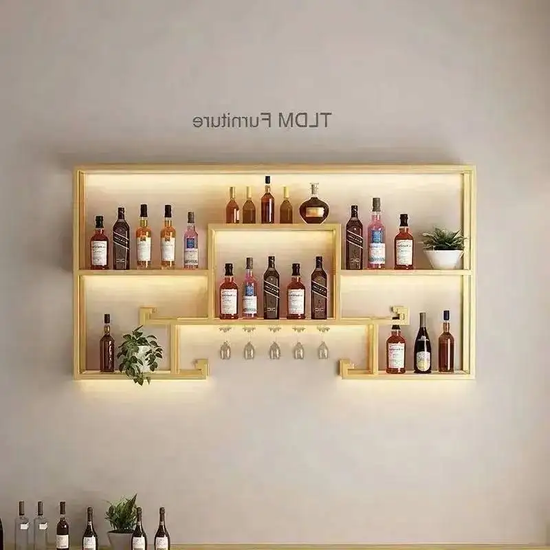 Armário de Bar de Parede de Luxo para Sala de Estar, Restaurante e Casa, com Iluminação Decorativa em Ferro e Design Artístico, para Vinhos e Bebidas