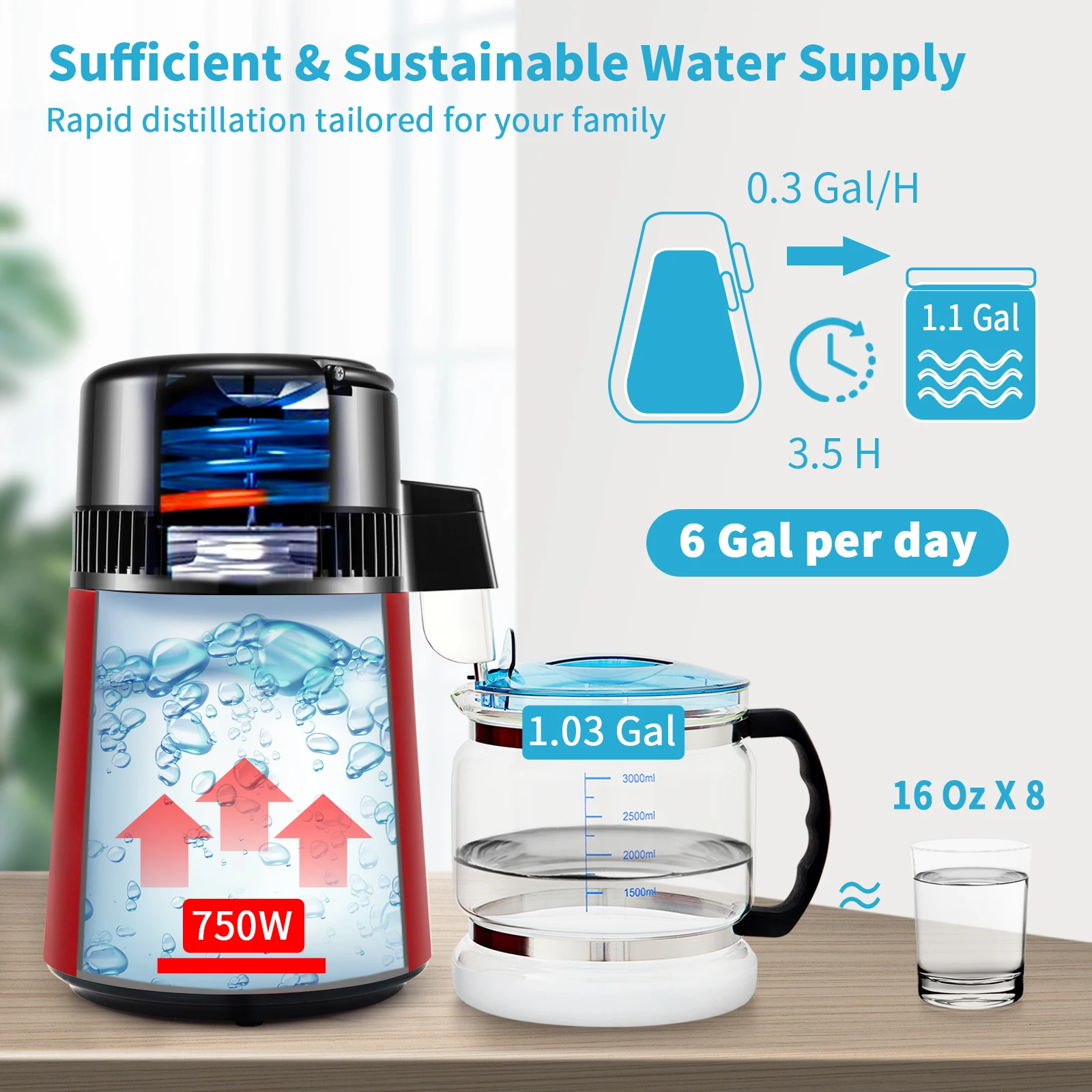 SucceBuy 1.1Gal جهاز تقطير المياه 0.3Gal/H 750W آلة صنع المياه المقطرة 0-99H توقيت عرض درجة الحرارة المزدوجة 304 الفولاذ المقاوم للصدأ