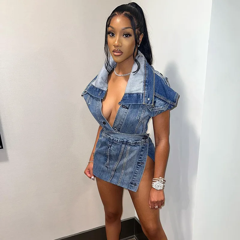 Sexy High Slit Mini Denim Dress Set Women Fashion Deep V Neck Button Skinny Evening Club Party Dresses Casual Streetwear Outfits