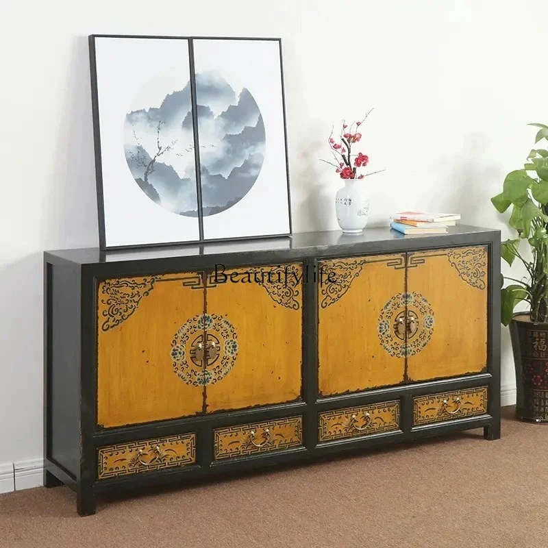 

yj5 New Chinese Style Furniture Painted TV Cabinet Solid Wood Antique Hand Painted Mongolian Style Audiovisual Storage Cabinet