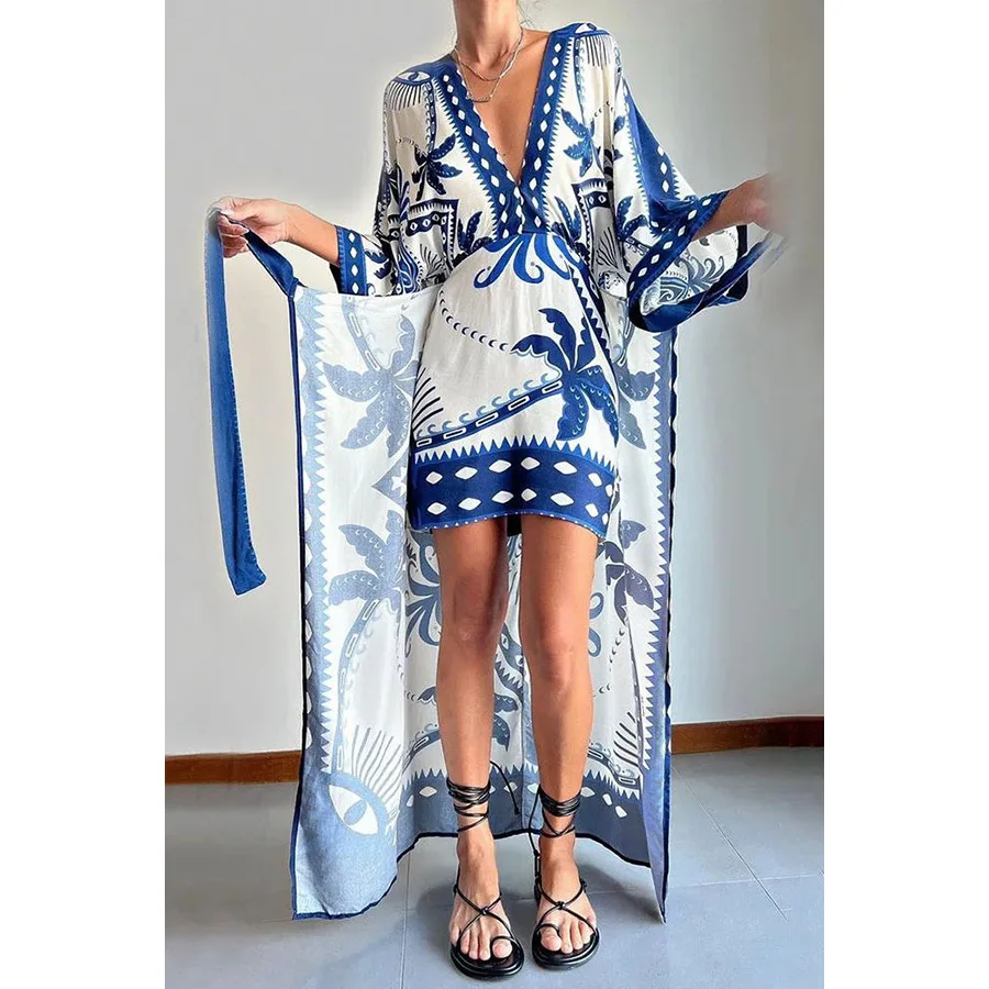 New Fashion Patchwork Lace Up A-line Dress Casual Half Sleeved Bohemian Beach Dresses Sexy Ladies V-neck Printed Long Dress