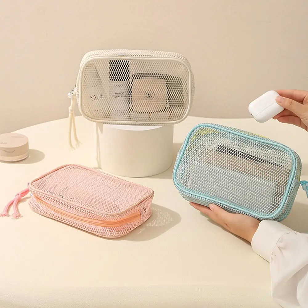 Large Capacity Mesh Cosmetic Bag Breathable Mesh Transparent Portable Toiletry Pouch Multipurpose Hand-Held