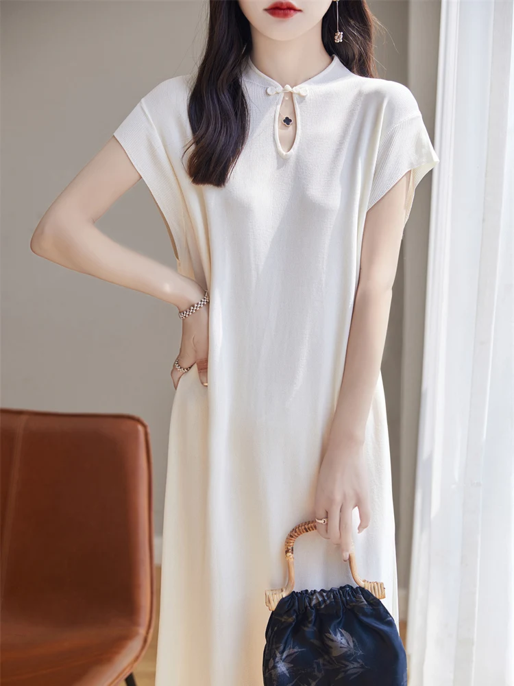 Ele Ice Silk Chinese Sle Dr Women's Summer Faion High Waist A-Line Long Skirt Traditional Button Detail Drapey Gown