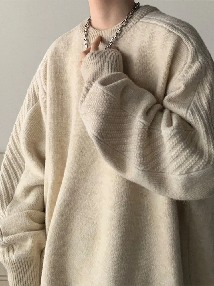 Knitting Sweater Men's 2025 Autumn Winter Retro Heavyweight Crew Neck Sweater Niche Trendy Casual Loose Knit Outerwear