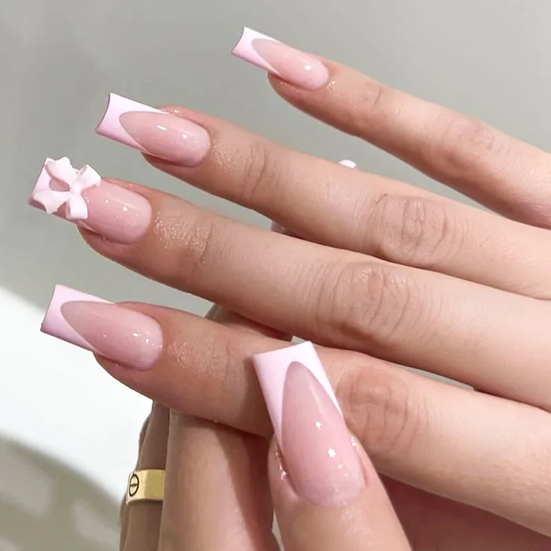 White French Press on Nails 3D Bowknot Fake Nails Tips Full Cover Wearable False Nails for Women and Girls DIY Manicure 24Pcs