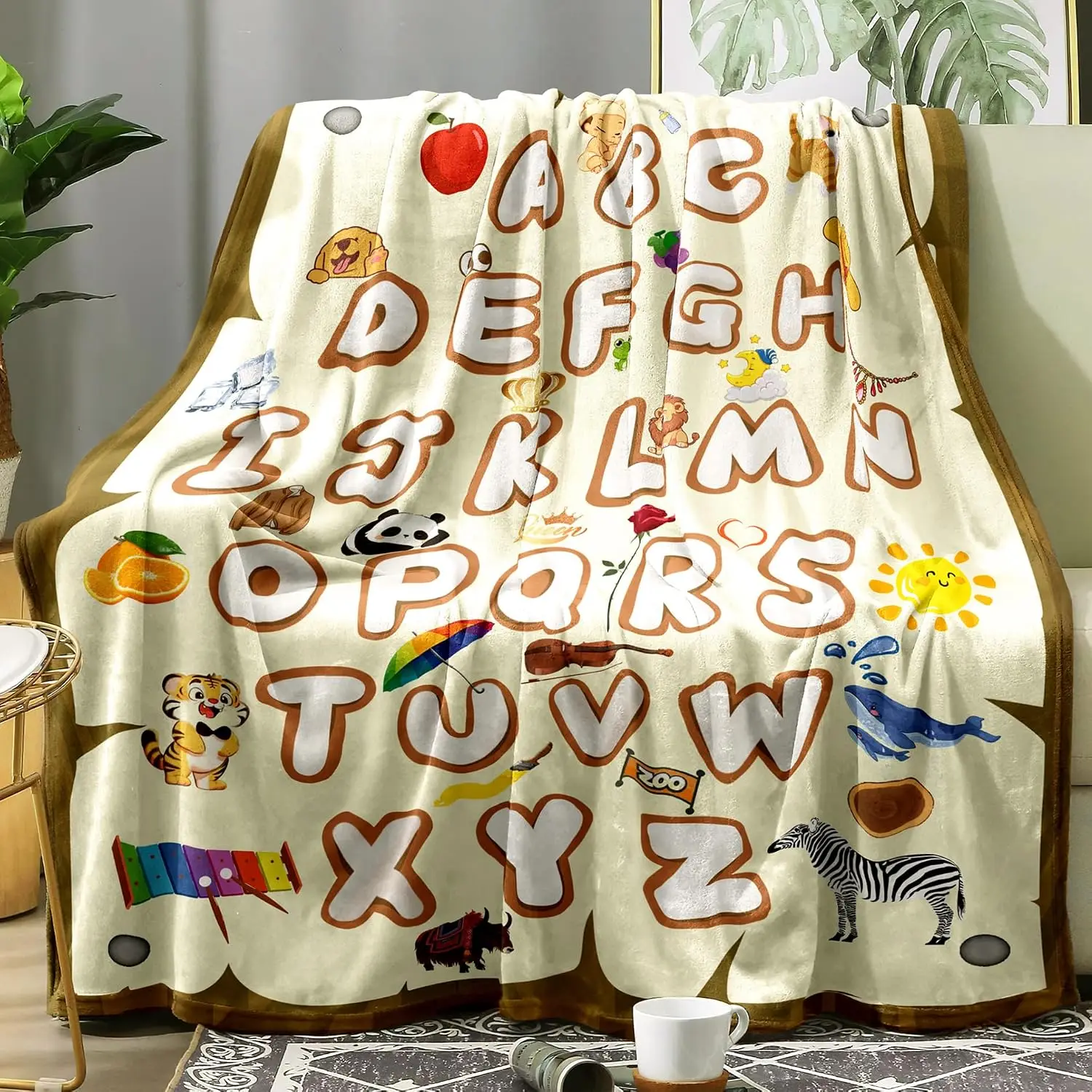 Cute ABC Letter Animal Fruit Cartoon Pattern Cream Background Flannel Throw Blanket, Warm Cozy Blanket, Kids Bedroom Decor Gift