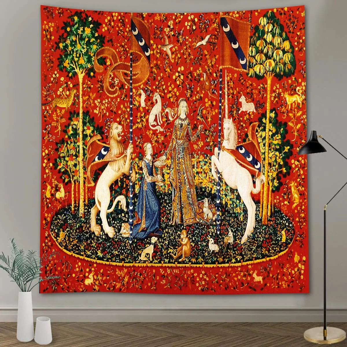 Medieval Tapestry Royal Maiden and Unicorn Decor Tapestry Classical Background Wall Hanging for Bedroom House Living Room Decor