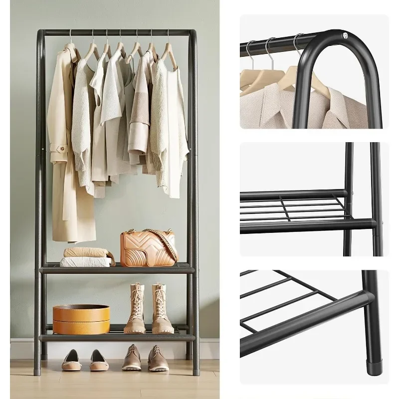 Portable Metal Small Garment Rack, Sturdy Clothing Rack with Double Layer Shelf for Storing Clothes, Shoes, Suitable for Bedroom