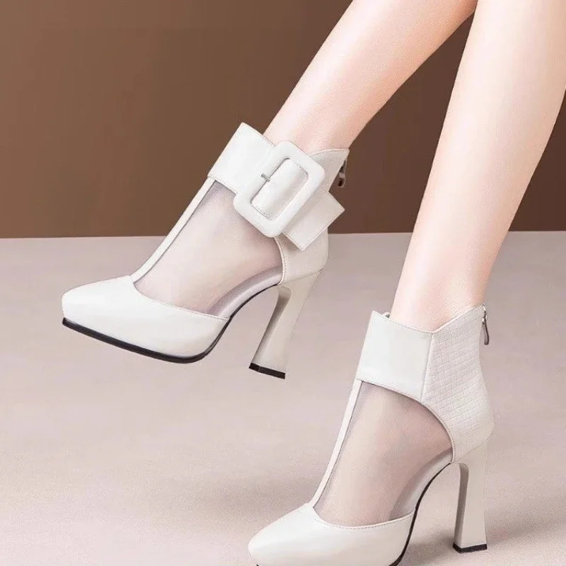 High Appearance Level Thick Sole Thick Heel Pointed Mesh Fabric Fashion All Comfortable Non-slip Breathable Women's Ankle Boots