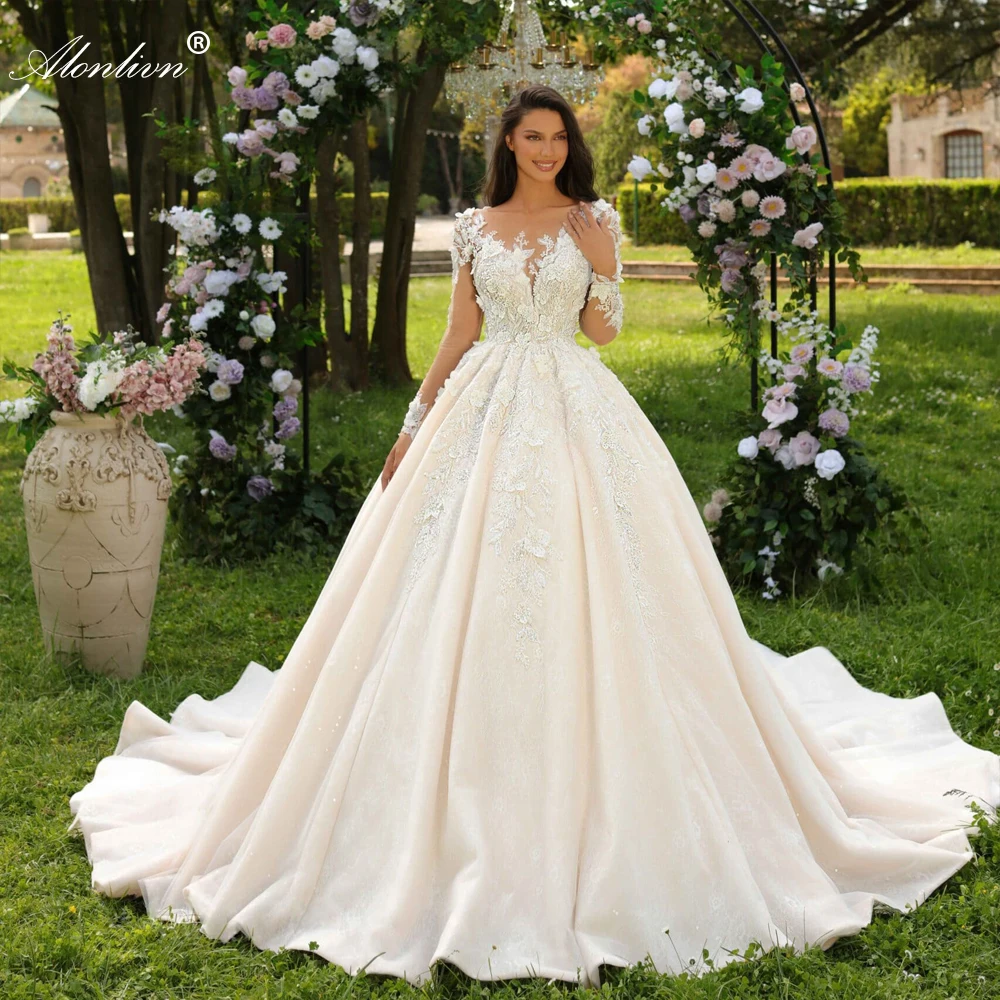 

Alonlivn Beauty Beading Flowers Appliques Lace A-Line Wedding Dresses Novias Full Sleeves Court Train O-Neck Bridal Gown