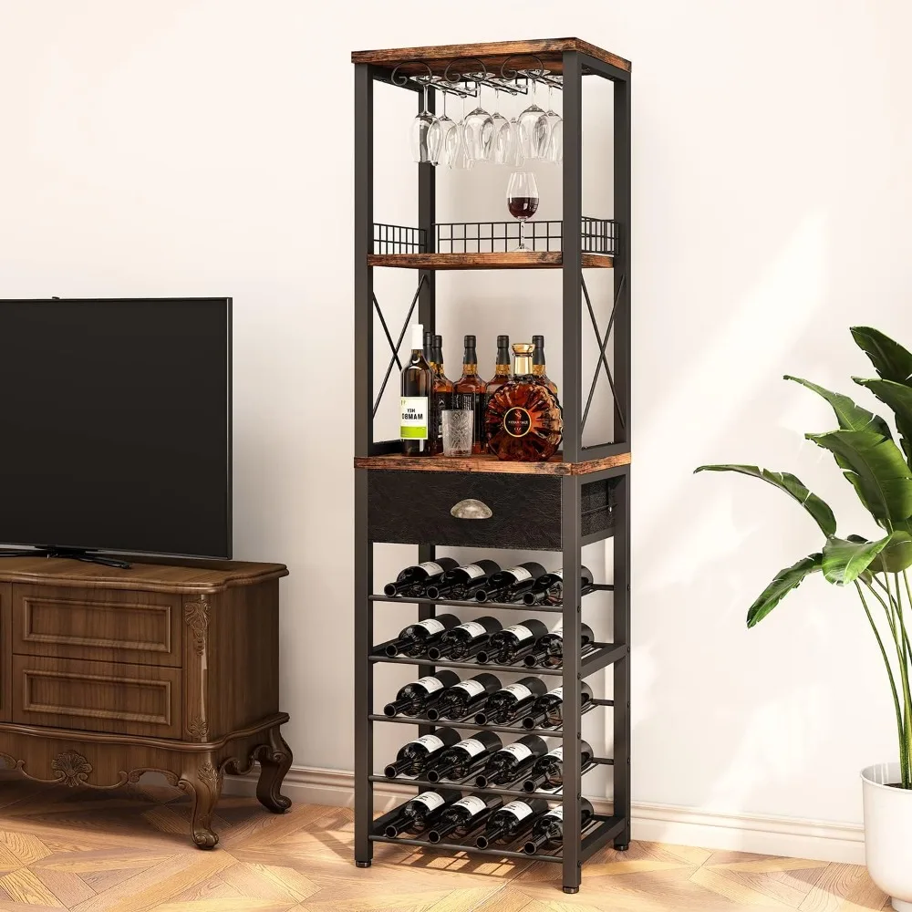 Autoportante Wine Rack com suporte de vidro, 4-Tier Bar Cabinet para bebidas alcoólicas e copos