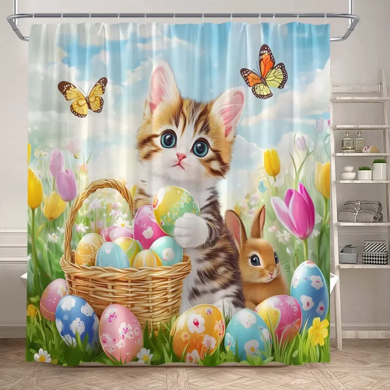 Funny Easter Shower Curtains Cute Cat Rabbit Eggs Butterfly Tulip Flowers Rustic Fabric Home Bathroom Curtain Decor With Hooks