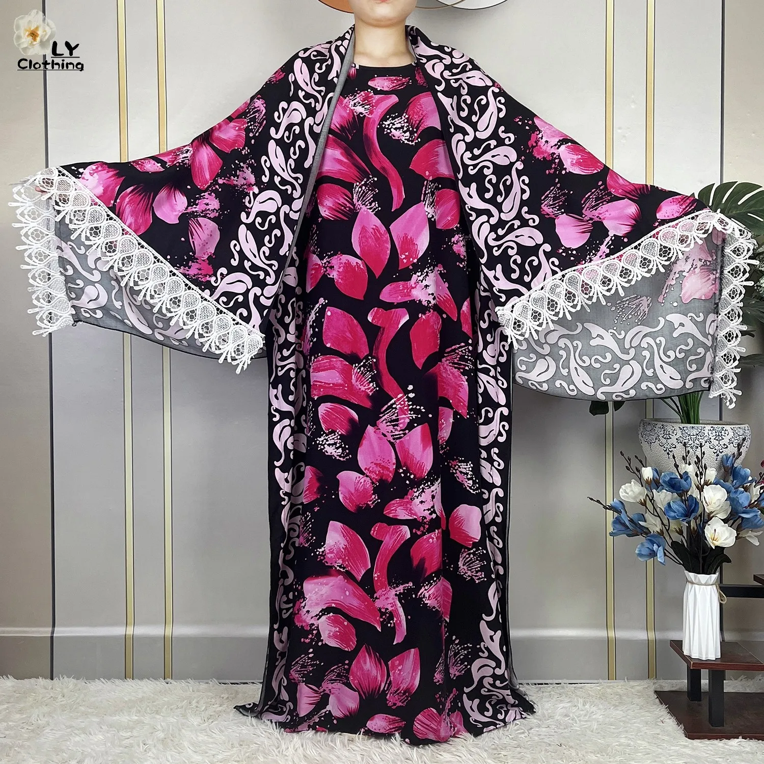 2023 African Summer Short Sleeve Dress With Big Scarf Print Floral Cotton Loose Caftan Lady Maxi Muslim Casual Dresses Vestido