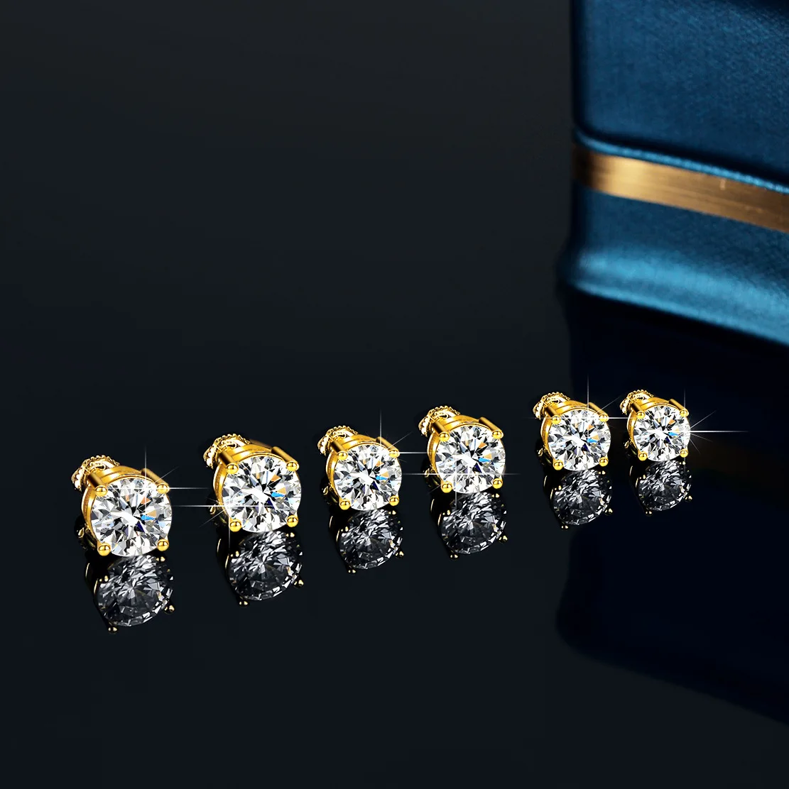 Luxury 100% Real 18k Gold Women's Moissanite Diamond Four Claw Ear Stud Thread Ear Plug