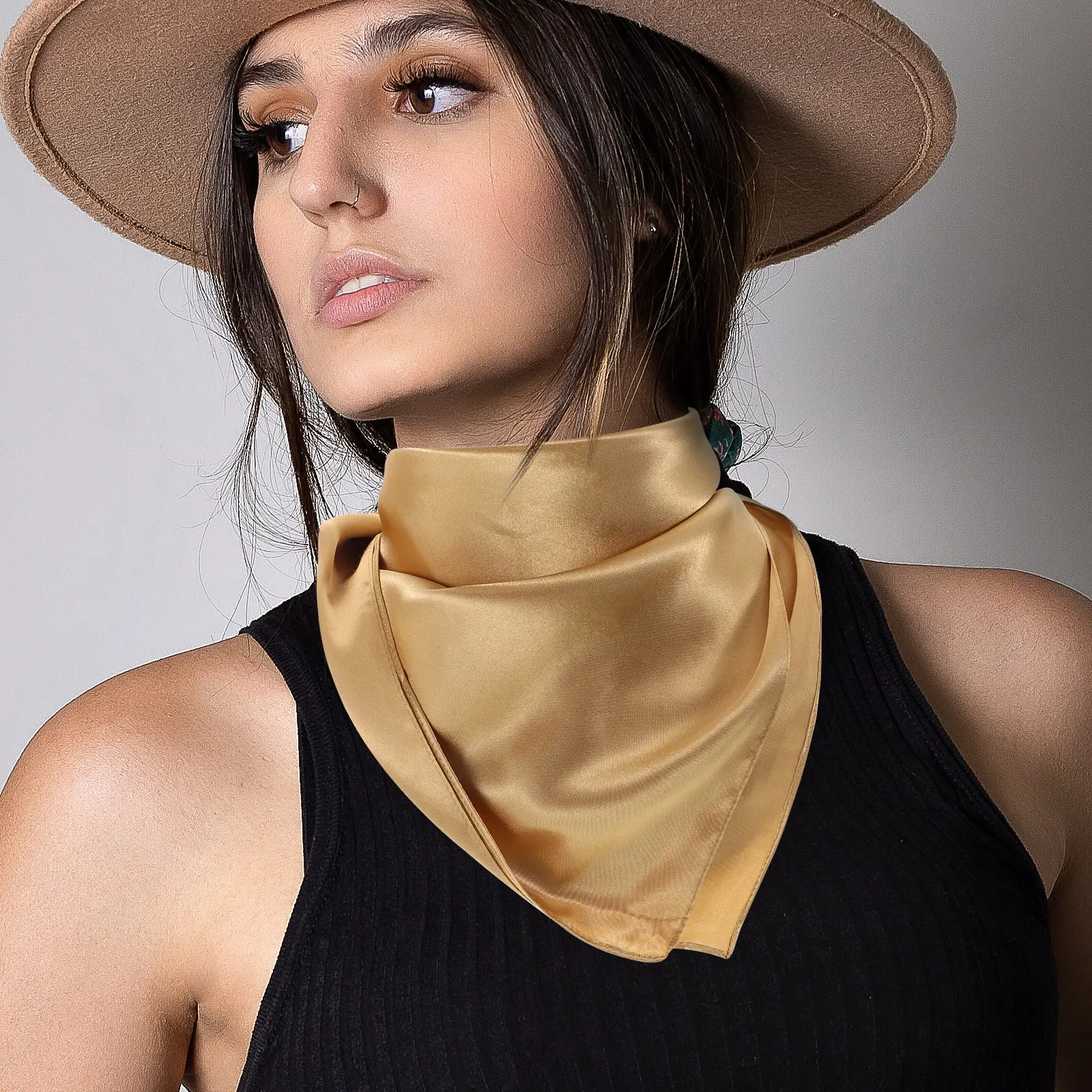 Silk Scarf for Women Solid Color Elegant Square Wrap Fashion Accessory Gift for Her 22x22 Inch Golden view 2