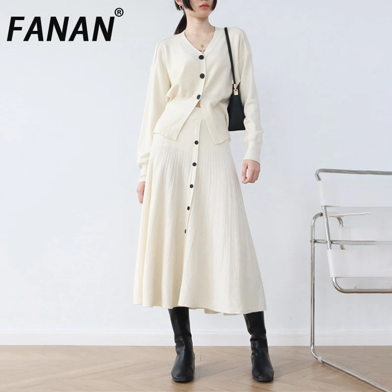 FANAN Set Rajutan Fashion 2 Potong Untuk Wanita Atasan V-Neck Kancing Tunggal + Rok A-line Pinggang Tinggi Wanita Musim Gugur 2025 Terbaru