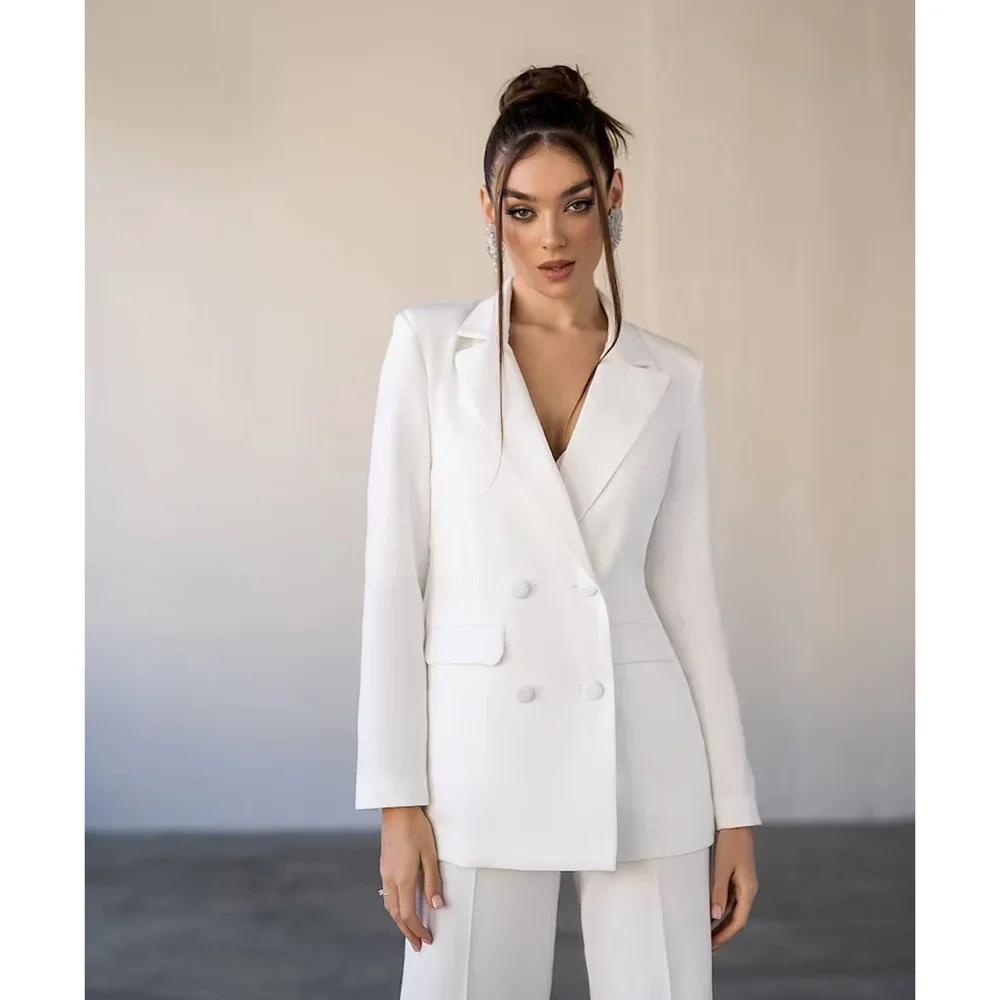 High Quality Elegant Woman Pants Suit White Fashion Notch Lapel Double Breasted 2 Piece Formal Casual Office Lady Pants Sets