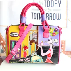 2024 nuove donne Creative Boston Bag Cartoon ricamo Splicing borsa a tracolla portatile a spalla singola borsa a cuscino