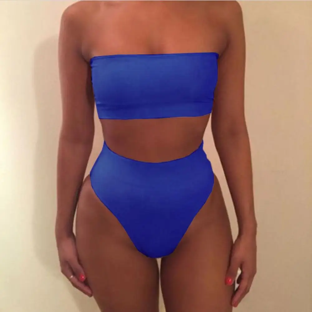 2 Pcs/Set Women Sexy Bikini Set Solid Color Elastic High Waist Strapless Summer Women Swimsuit for Swimming Female Swimsuit Set