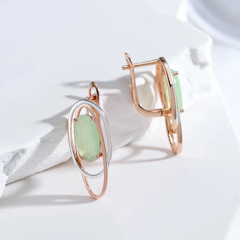 Wbmqda Trendy Double Oval Light Green Zircon Women\'s Earrings 585 Gold Silver Mix Color Personalized Modern Jewelry Accessories
