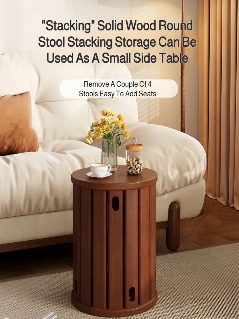 4pcs Foldable Stool Household Solid Wood Stackable Round Stools New Chinese Style Living Room Low Stools Bedroom Dressing Stool