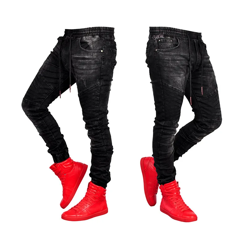 

Denim Men High Quality Jeans Stretchy Skinny Biker Wrinkle Scratched Jeans Taped Slim Fit Pencil Pants Jeans