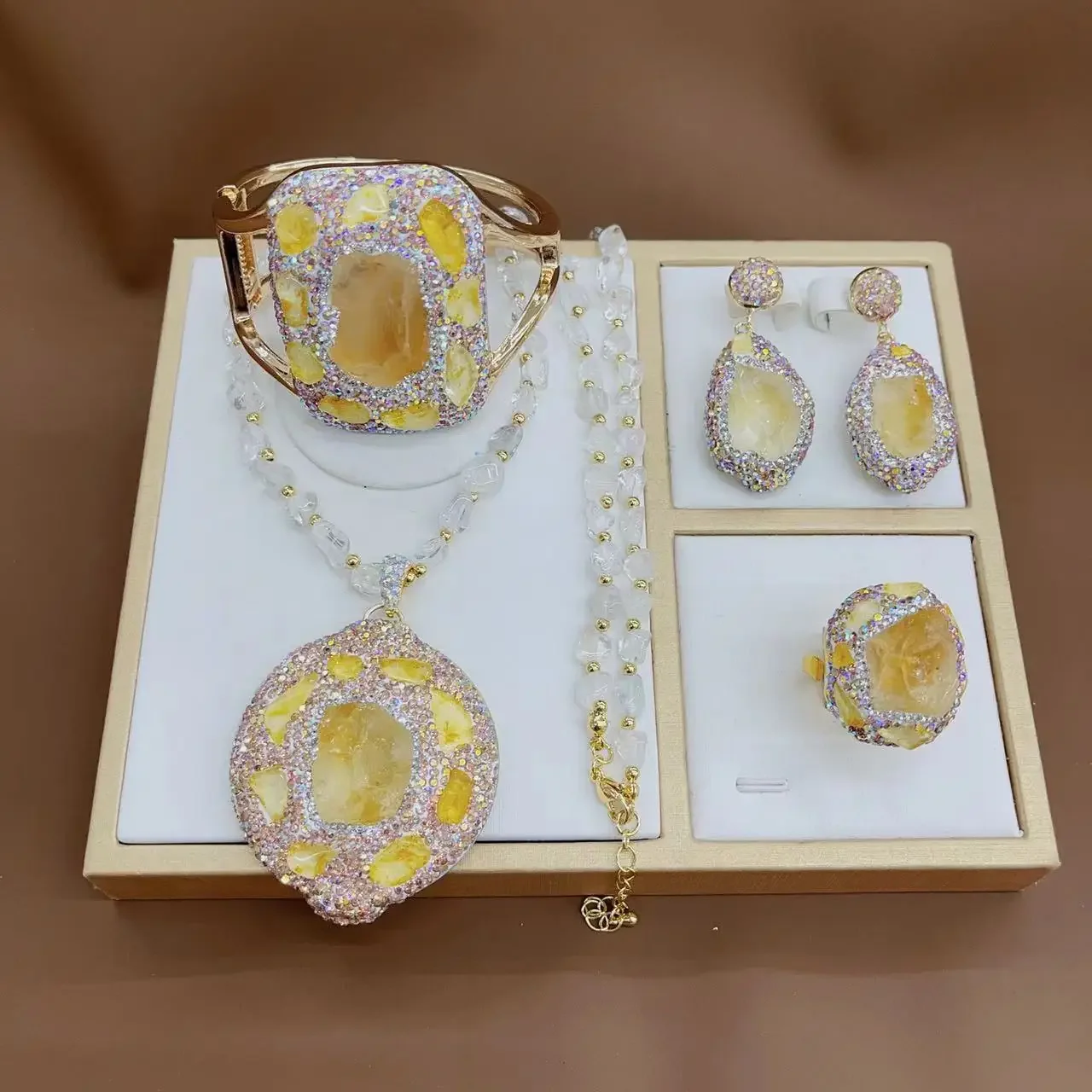 Original design natural citrine rough stone inlaid rhinestone set, purely handmade point diamonds Douyin live broadcast hot-sell