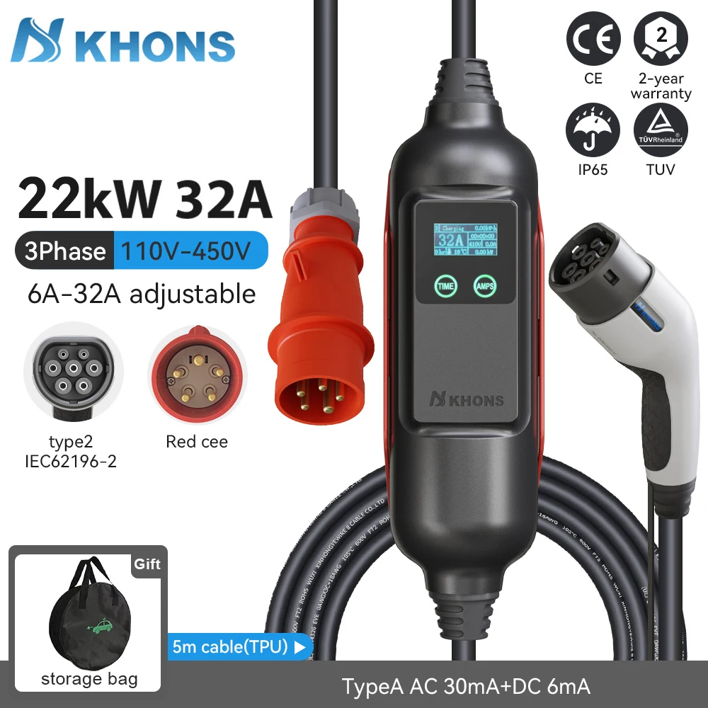 Khons 22kw EV Caricatore Type2 Caricatore portatile per auto elettrica 32A Caricatore EV Rosso CEE Plug Ricarica per auto elettrica Wallbox 5m Cavo