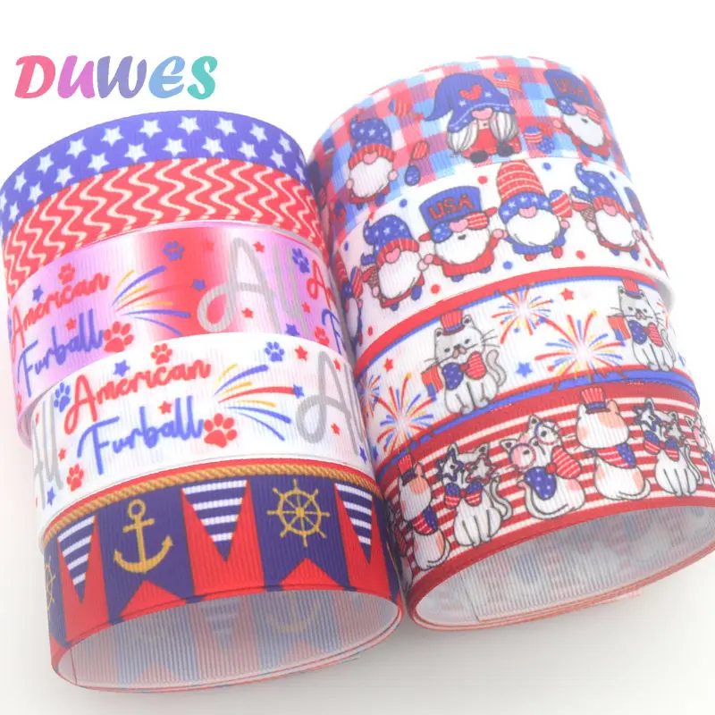 DUWES 50yards USA 4th of July Football Printed Grosgrain Ribbon Accessories Material Headwear Decoration DIY Sewing Craft D1836