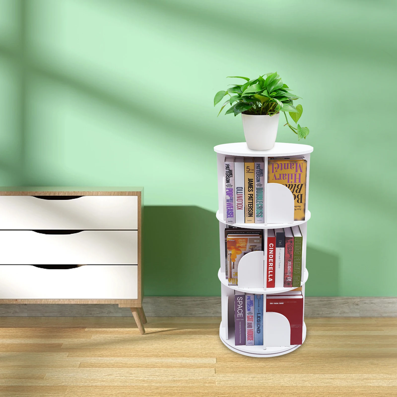

3 Tier Floor Standing Bookcase Storage Rack 360° Rotating Stackable Shelves White Bookshelf Organizer for Bedroom, Living Room