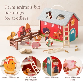 Montessori toys wooden simulated farm setting scene toys baby shape matching animal tooth toys children puzzle blocks gifts