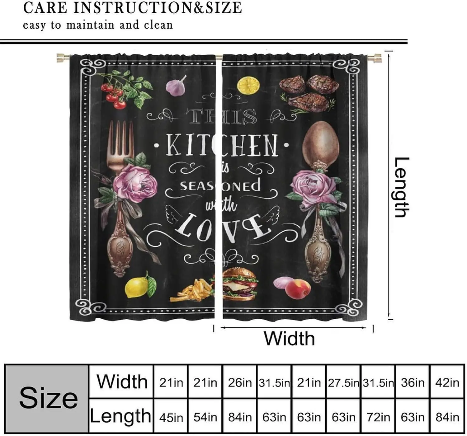 Vintage Rustic Kitchen Curtains, Flower Fruit Fork Spoon Western Food Art Printed Window Drapes for Cafe and Living Room