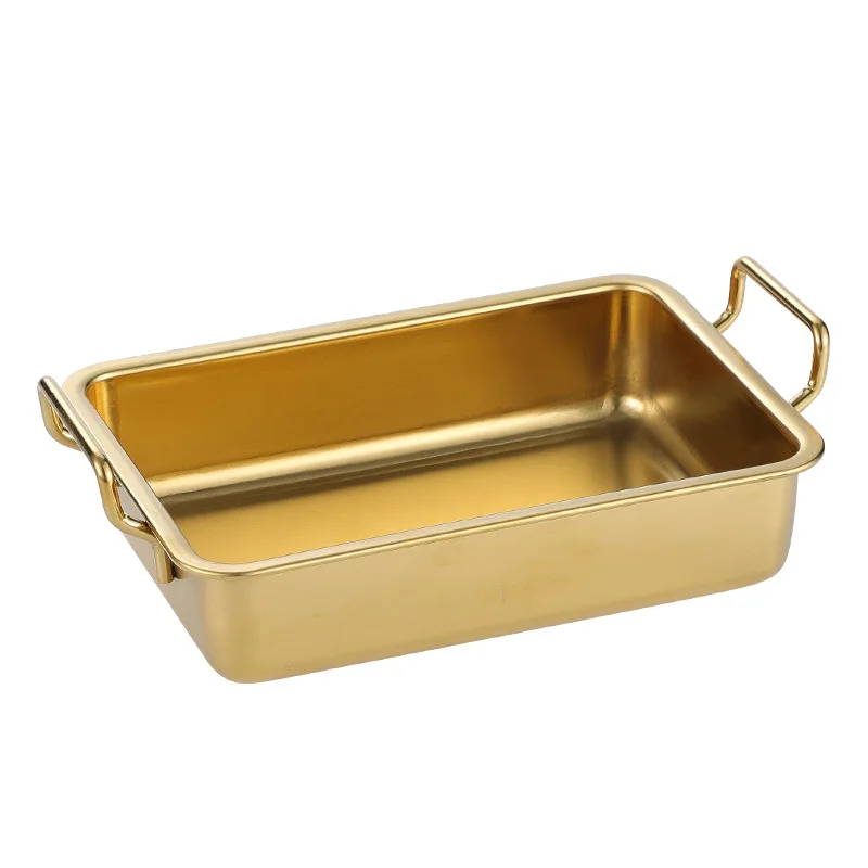 304 Stainless Steel Food Storage Tray with Handle Plates Silver Gold Metal Pastry Pan BBQ Snacks Sushi Dish Kitchen Utensils