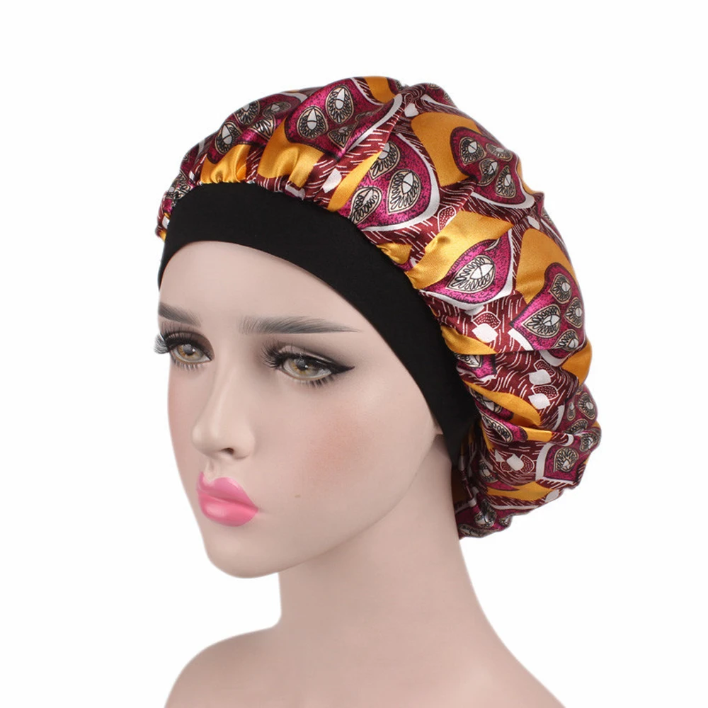 Fashion Women Satin Bonnet Night Sleep Hat Elastic Wide Band Hair Loss Cover Head Wrap