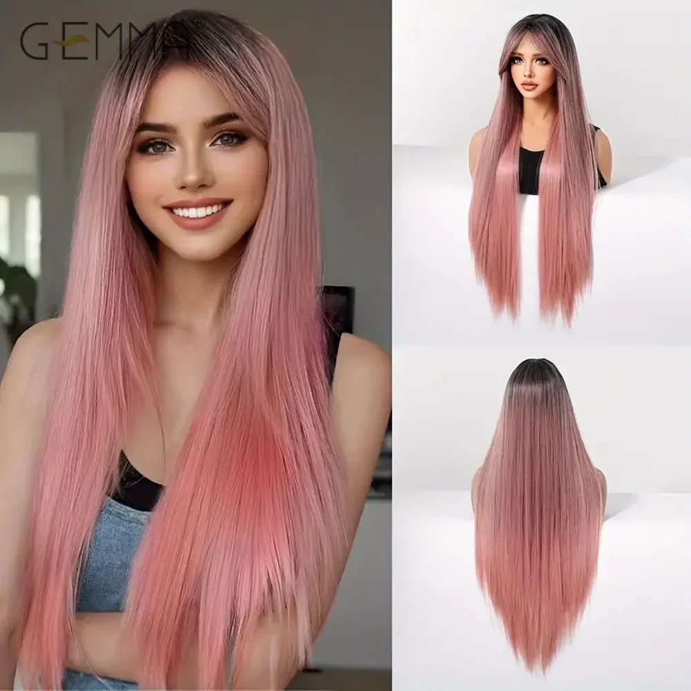 30Inch Synthetic Ombre Pink Wig with Long Bangs Pink Super Long Straight Wigs for Women Heat Resistant Christmas Cosplay Hair