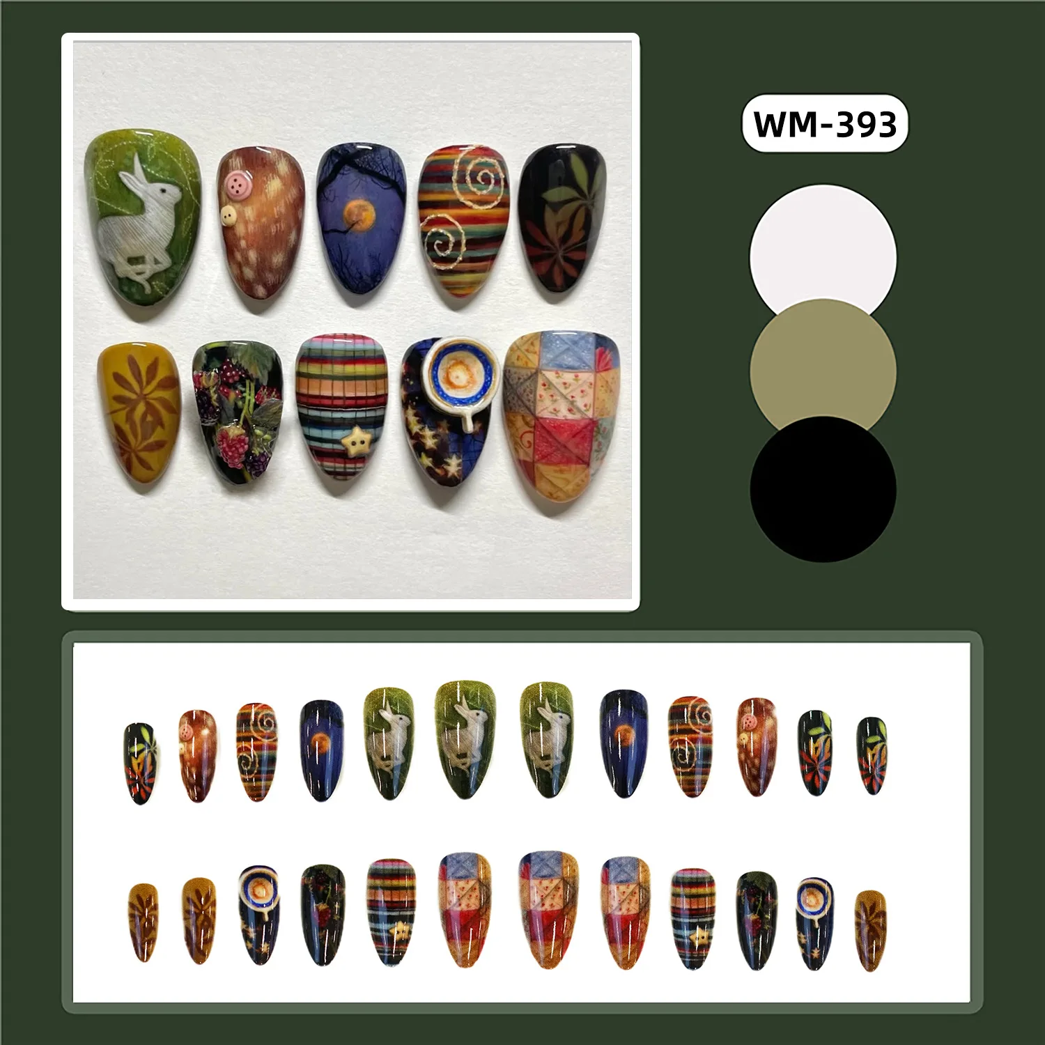 

24 шт. винтажных накладных ногтей с узором в клетку, эффектом лунного сияния и изображением кролика, короткие, в форме миндаля, с полным покрытием, для женщин и девушек