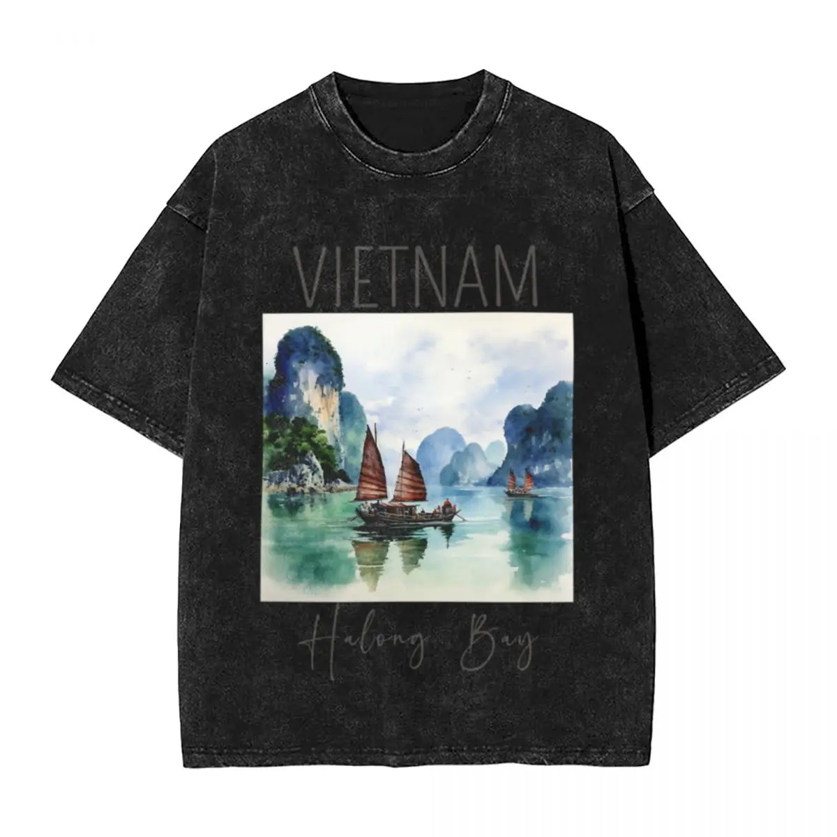 Um design aquarela de Halong Bay - Vietnã Clássico Elegante Camisetas vintage grandes