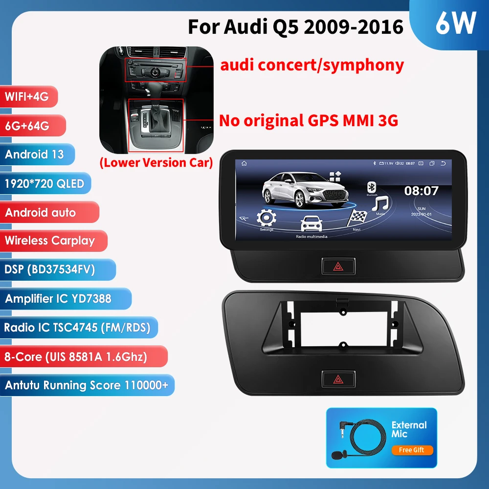 10.25 "2din Carplay Android 13 Auto Autoradio Voor Audi Q5 2009-2016 Multimedia speler GPS navi Stereo autoradio 1920*720 scherm