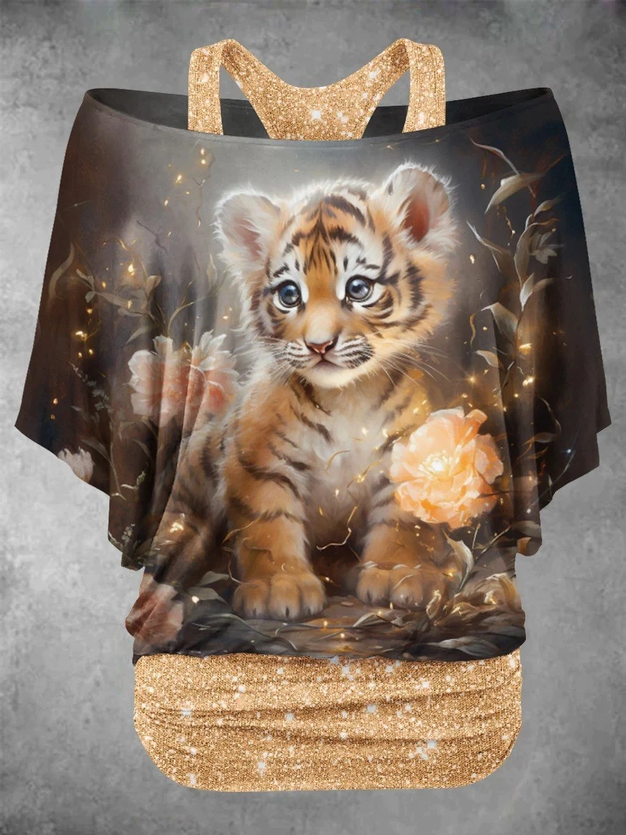 PLstar Cosmos Women's Tiger & Dog & Wolf Flower Art 3D Printed Fake two piece off shoulder top Summer Casual T-Shirts JLJ-10