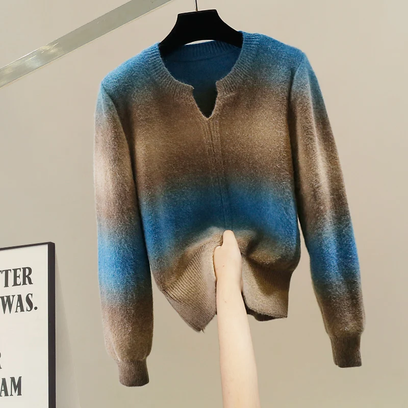 

Korean Sle adient Color Loose Women's Sweater V-Ne Soft Comfortable Knitted Top Trendy Casual Faion Autumn Winter