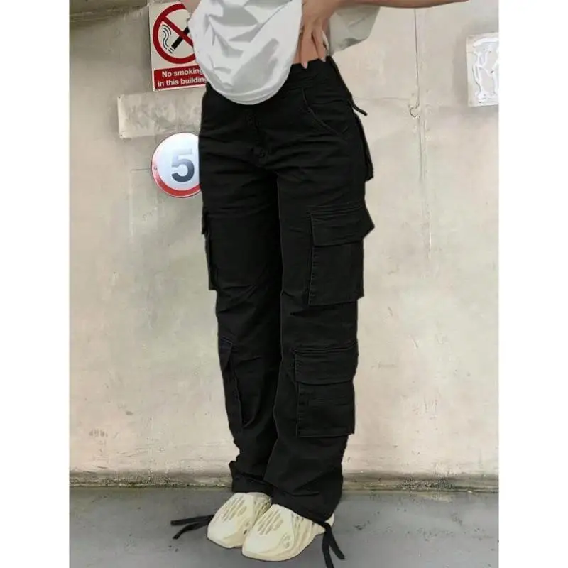 

New Women's Casual K Work Pants Multi-ket Leisure Ci Walk Nine-Piece Pants Retro Sle Elastic Waisand Tee-Ester Fiber