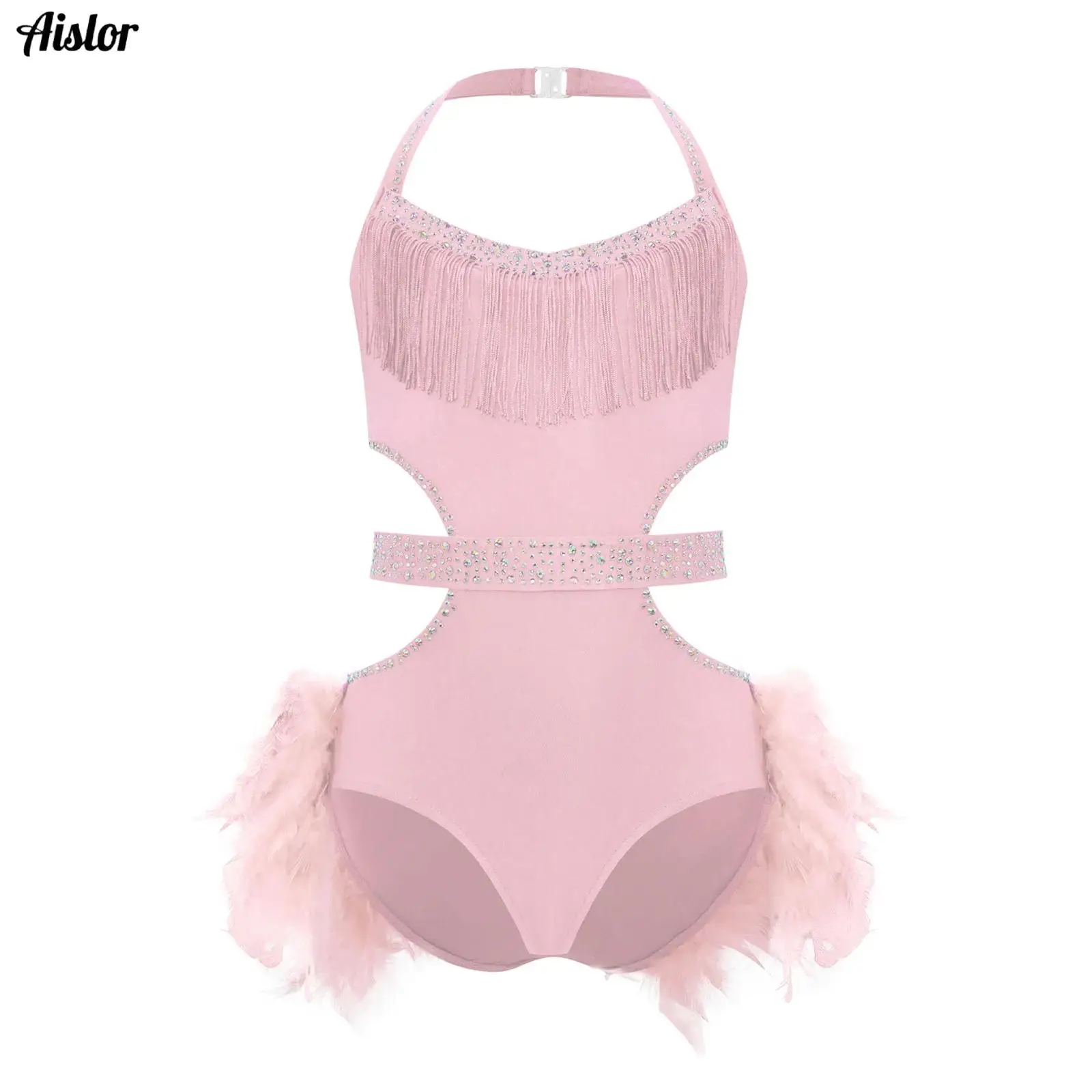 Kids Girls Latin Jazz Dance Leotard Halter Sleeveless Cutout Sparkly Rhinestones Bodice Feather Skirted Leotard for Tango Samba