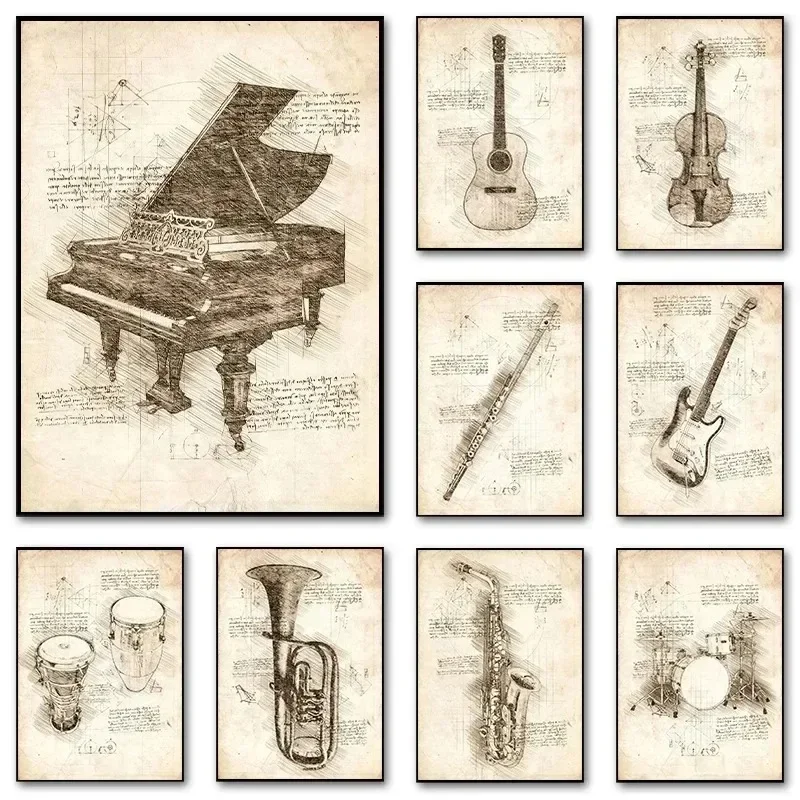 Póster de pintura en lienzo de boceto inspirado, instrumentos musicales, Piano, violín, decoración, impresión, arte de pared, decoración del hogar para dormitorio