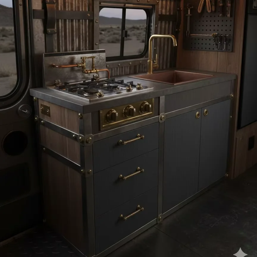 

Modern Aluminum RV Kitchen Unit With Built in Sink and Gas Stove Compact and Functional